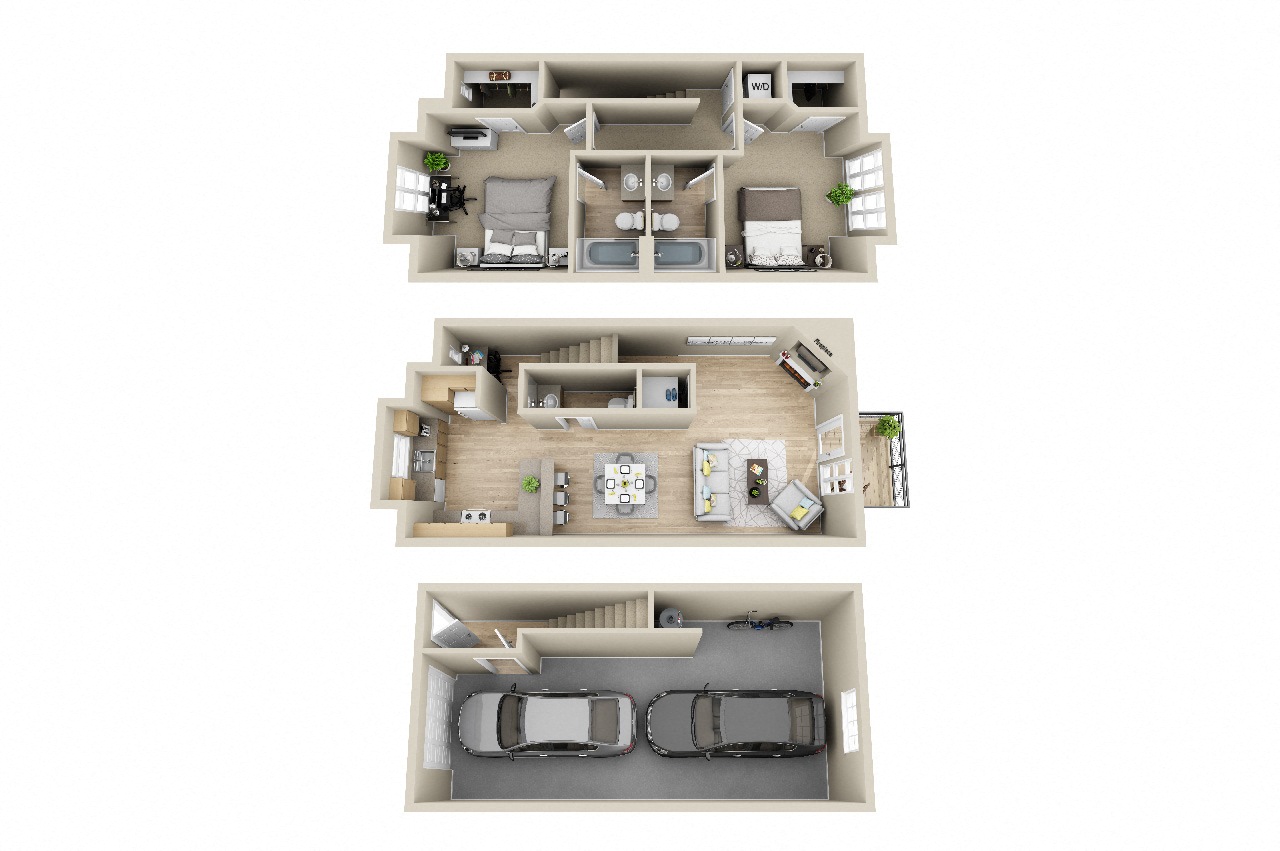 Floor plan for 2 beds, 2.5 baths, 1334 sqft